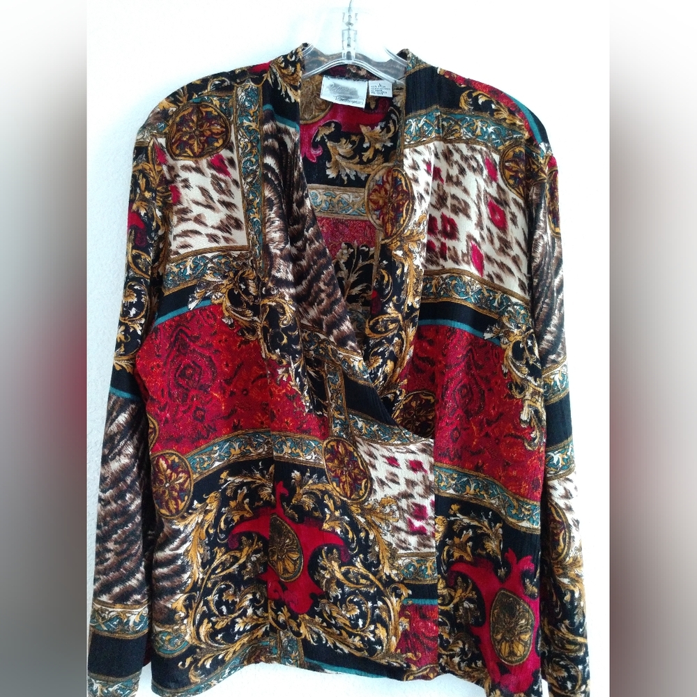 Fun Mixed Print Vintage Options Worthington Blouse Shirt Long Sleeve V Neck L
